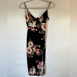 Windsor spaghetti strap black and floral dress with slit